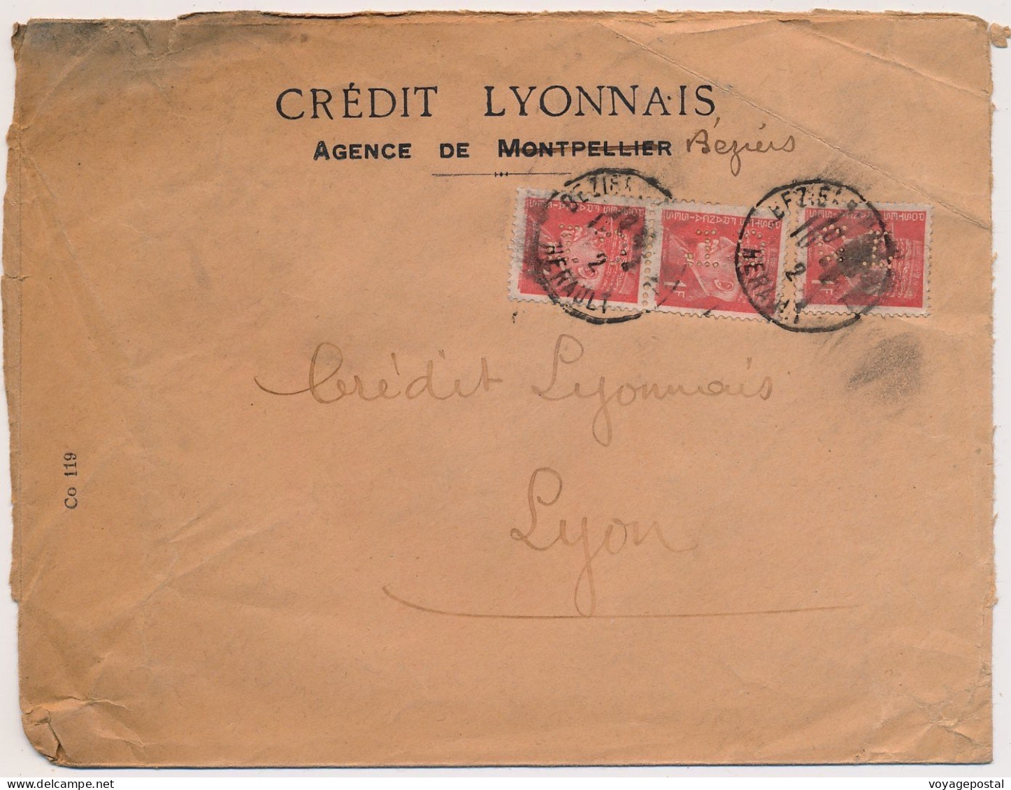 LETTRE PERFORE CL PETAIN 1F PAIRE CREDIT LYONNAIS AGENCE DE BEZIERS HERAULT PERFIN COVER - Briefe U. Dokumente