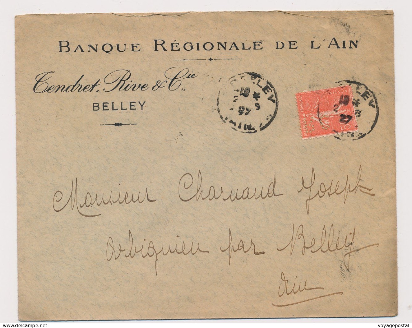 LETTRE PERFORE RC SEMEUSE 50C BANQUE REGIONALE DE L'AIN BELLEY PERFIN COVER - Brieven En Documenten