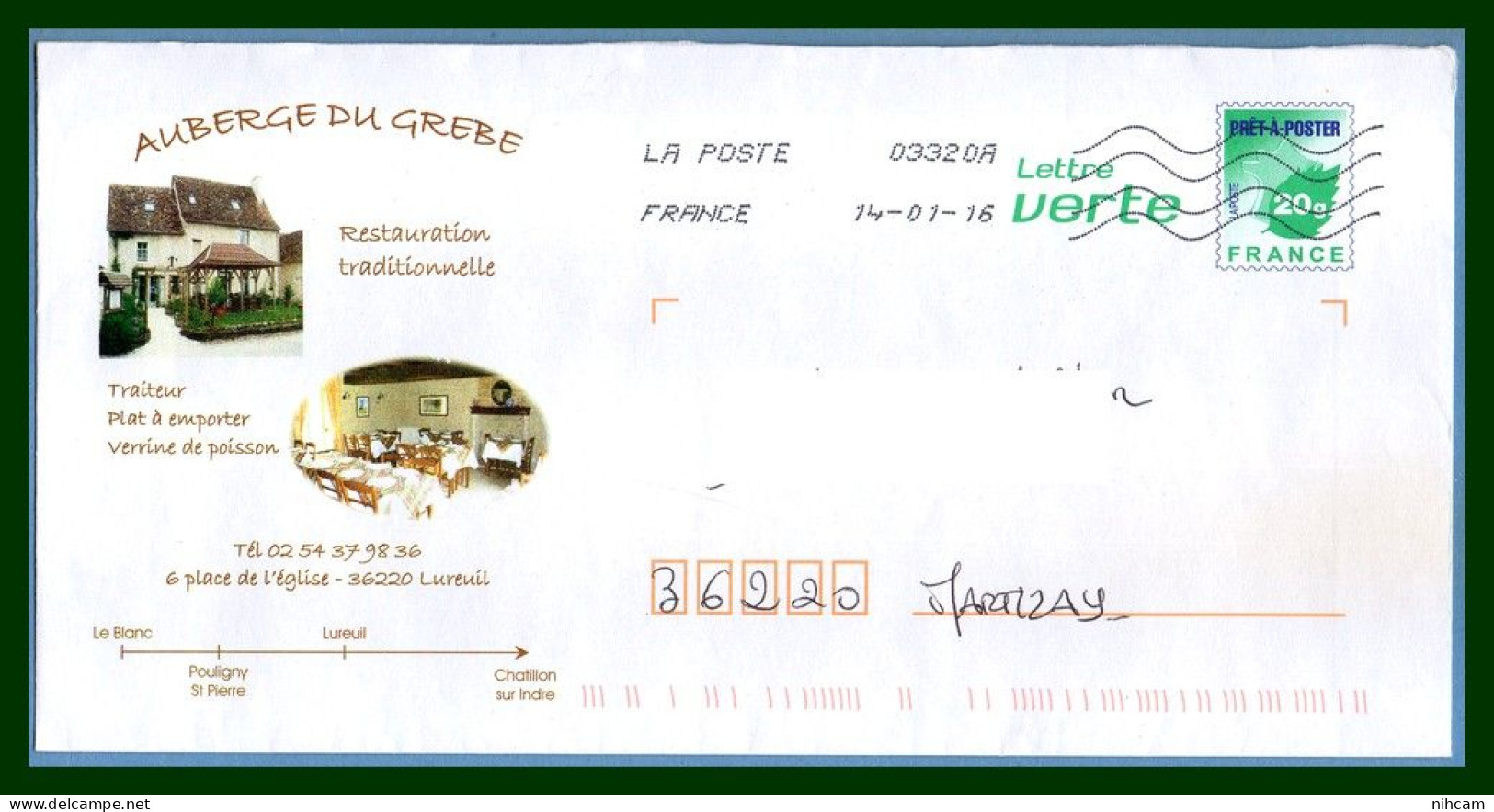 PAP - Entier LV PS Repiqué Auberge Du Grebe 36 LUREUIL 2016 - Prêts-à-poster:private Overprinting