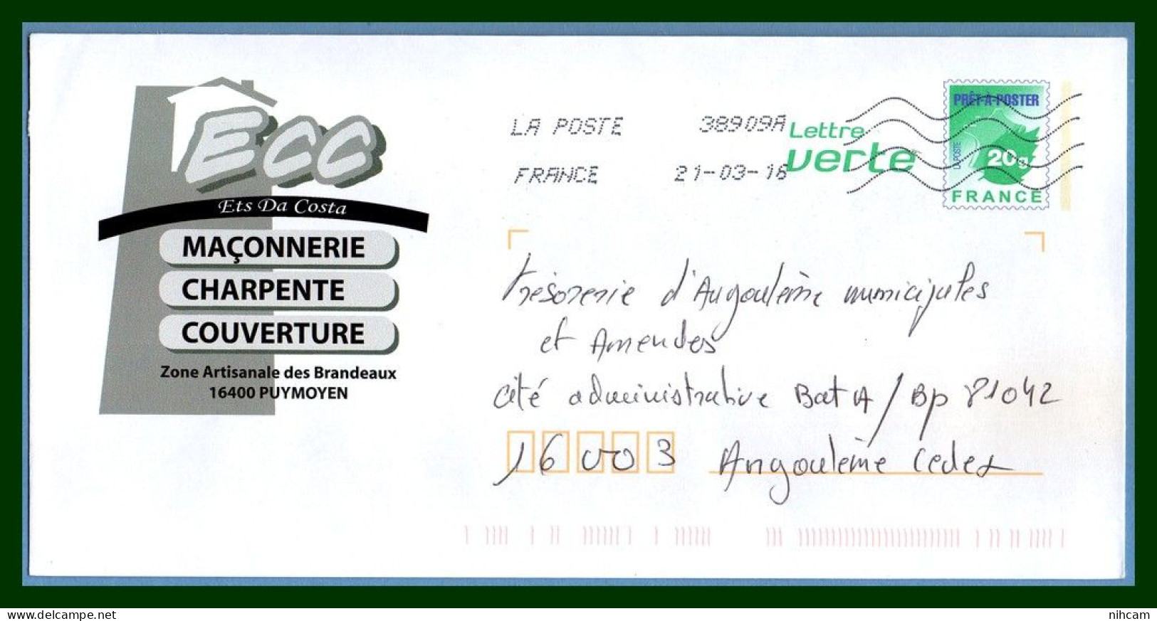 PAP - Entier LV PS Repiqué ECC Maçonnerie Charpente Couverture 16 PUYMOYEN  2016 - PAP : Sovrastampe Private