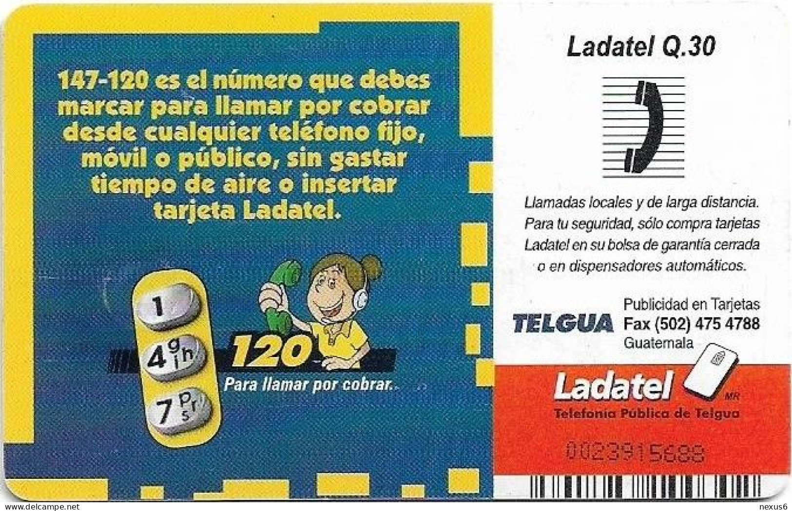 Guatemala - Telgua Ladatel - Llama Por Cobrar Sin Nada Que Pagar, Gem5 Black, 2003, 30Q, Used - Guatemala