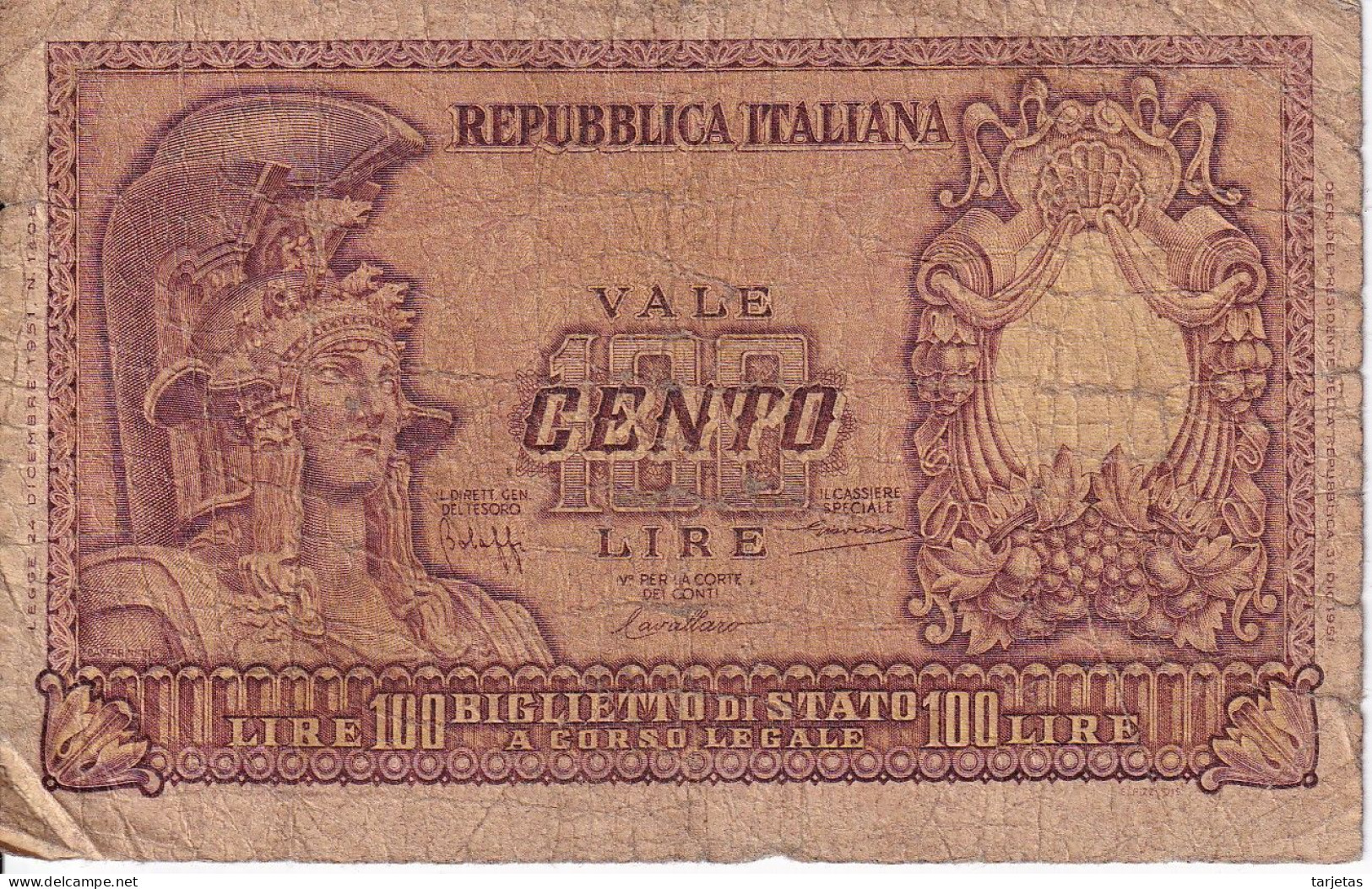 BILLETE DE ITALIA DE 100 LIRAS DEL AÑO 1951  (BANKNOTE) - 100 Lire