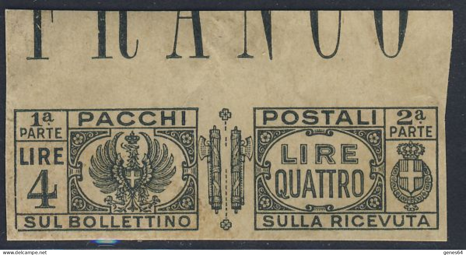 1927/32 - Prova D'Archivio Su Carta RicongiuntaPacchi Postali Lire 4 Grigio Bordo Foglio - Rara (2 Immagini) F. Sorani - Pacchi Postali