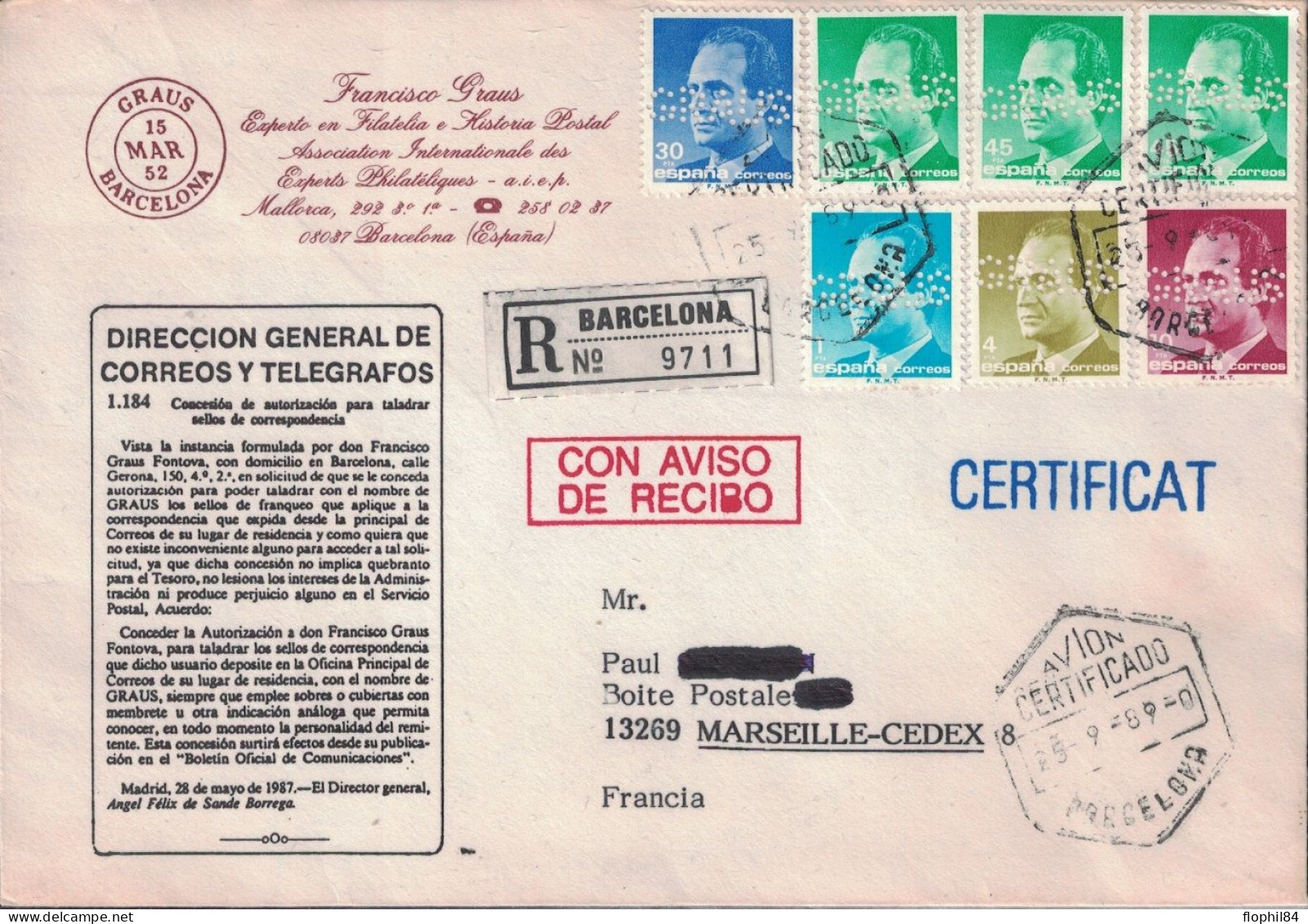 ESPAGNE - PERFORATION GRAUS - LETTRE RECOMMANDEE ENTETE FRANCISCO GRAUS - LETTRE POUR LA FRANCE - Brieven En Documenten