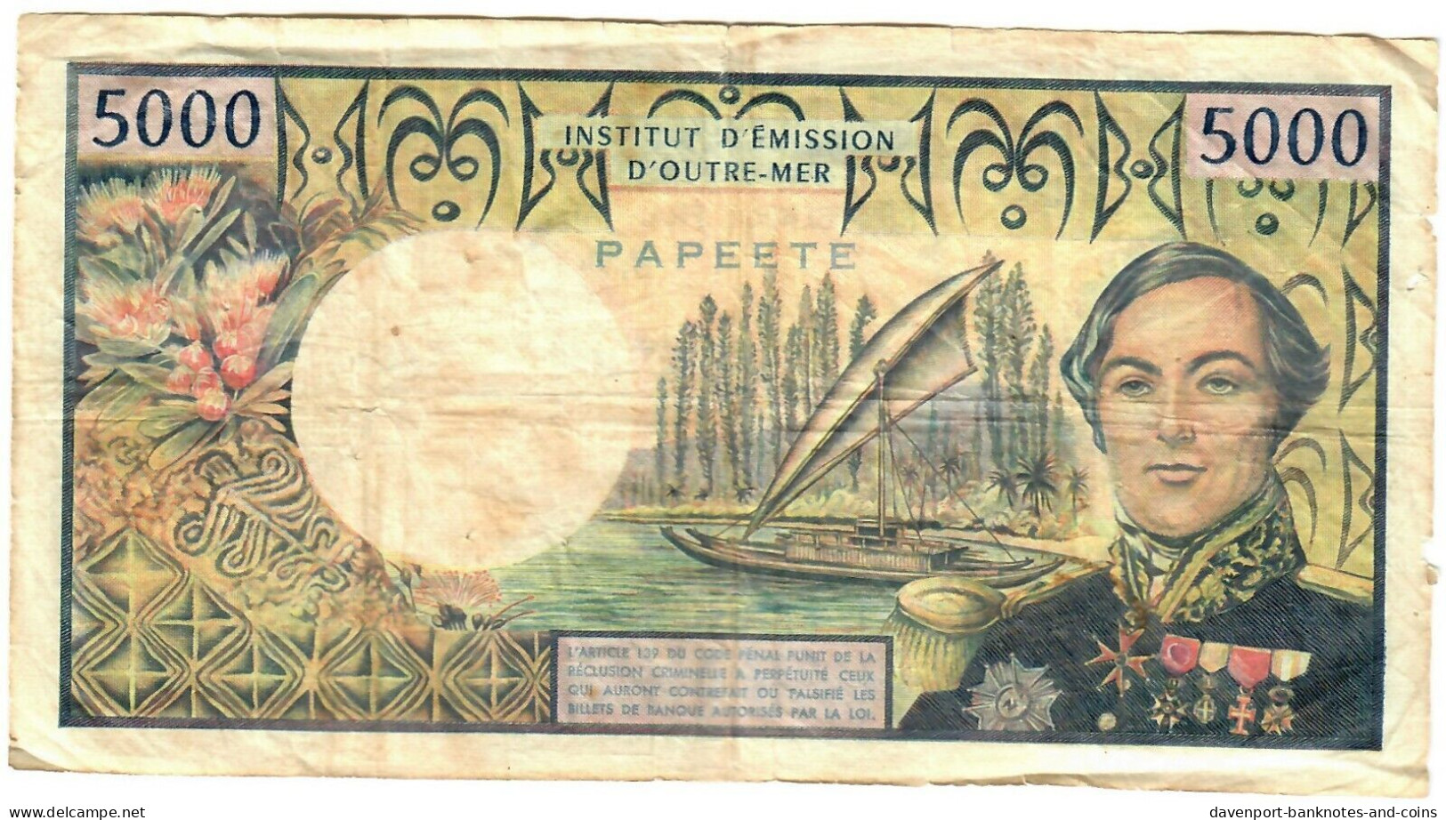 French Polynesia Papeete 5000 Francs 1985 G (sig 4) - Papeete (French Polynesia 1914-1985)