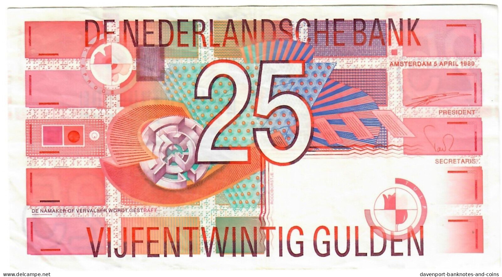 Netherlands 25 Guilders (Gulden) 1989 VF [2] - 25 Florín Holandés (gulden)