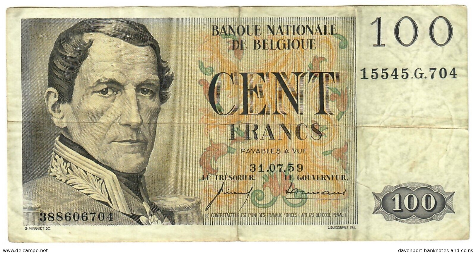 Belgium 100 Francs (Frank) 1959 F "Vincent/Ansiaux" - 100 Francos