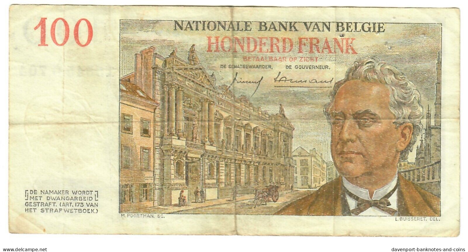 Belgium 100 Francs (Frank) 1959 F "Vincent/Ansiaux" - 100 Francs