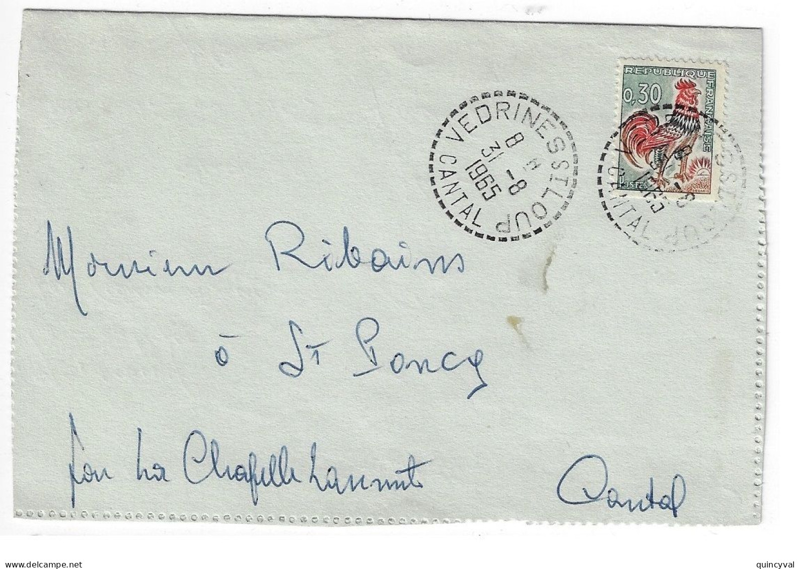 VEDRINES Cantal Carte Lettre Privée 0,30 F Coq Gaulois Issu De Carnet Yv 1331A Ob Cercle Pointillé 3 8 1965 - 1961-....