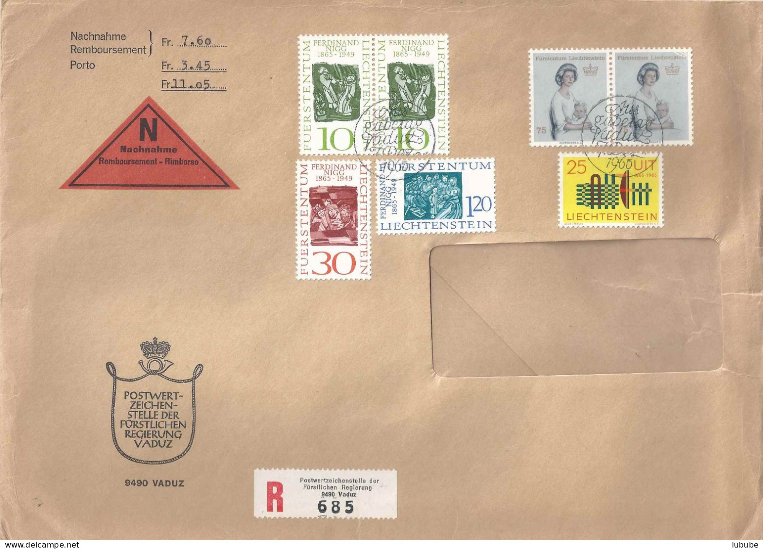 NN R FDC  Postwertzeichenstelle Vaduz        1965 - Lettres & Documents