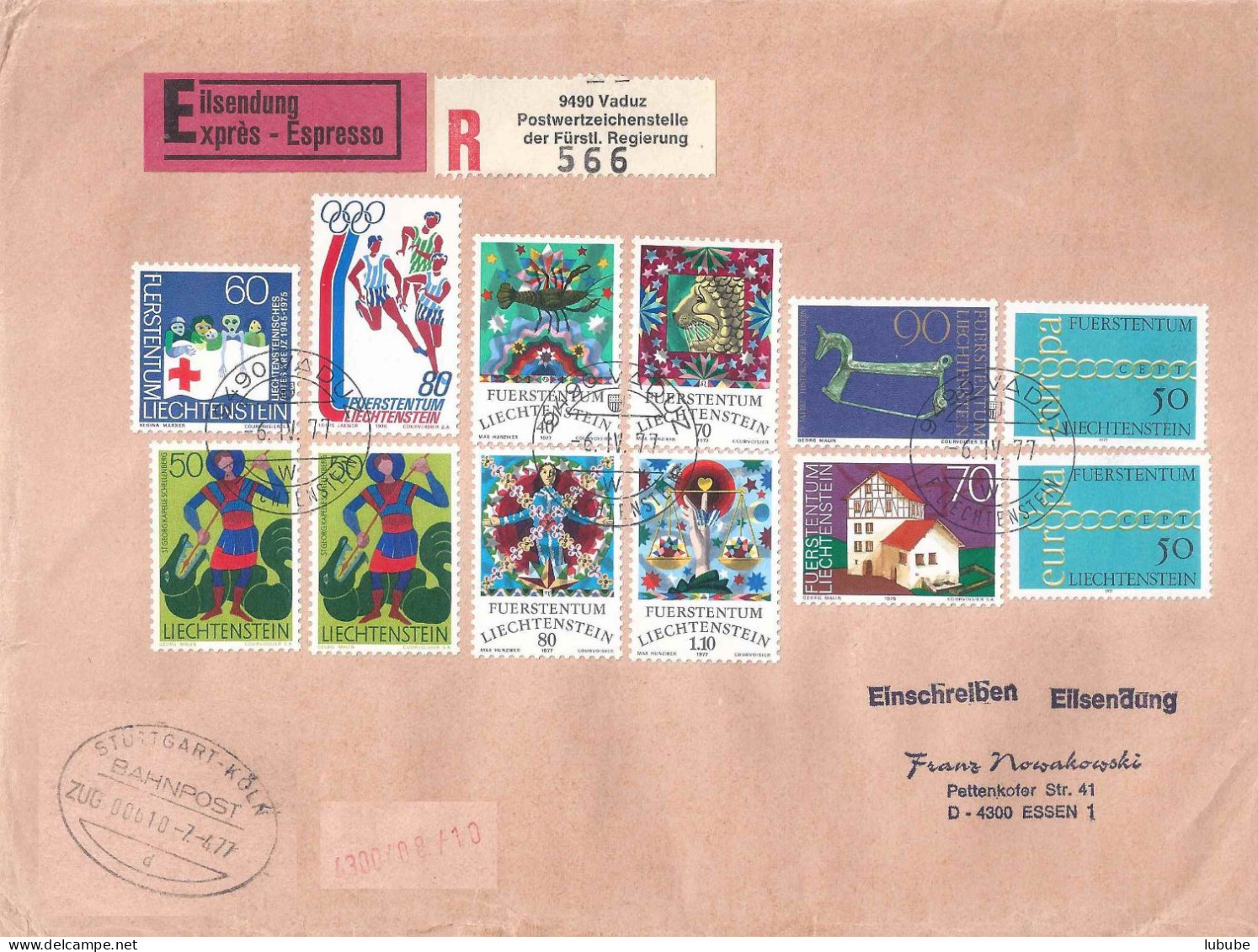 Express R Briefe  Postwertzeichenstelle Vaduz - Essen  (2 Stück)       1977 - Cartas & Documentos