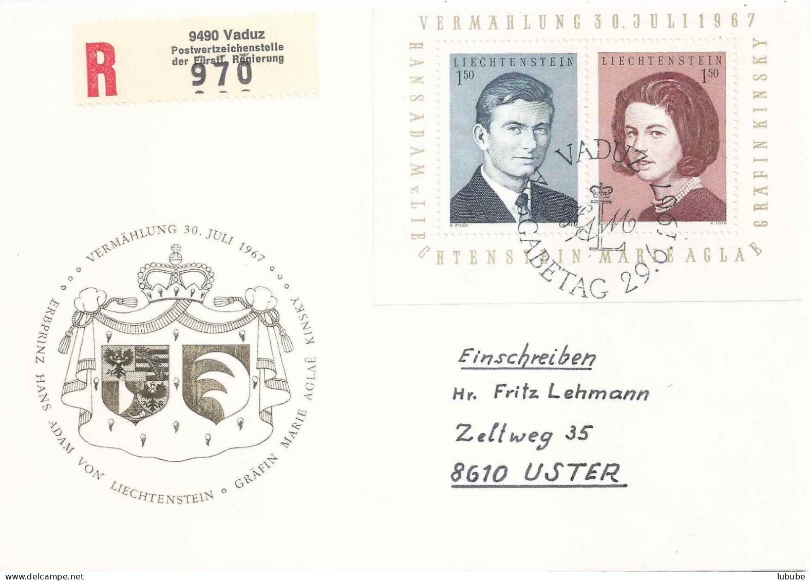 R FDC  "Vermählung Künftiges Fürstenpaar, Vaduz" - Uster        1967 - Briefe U. Dokumente