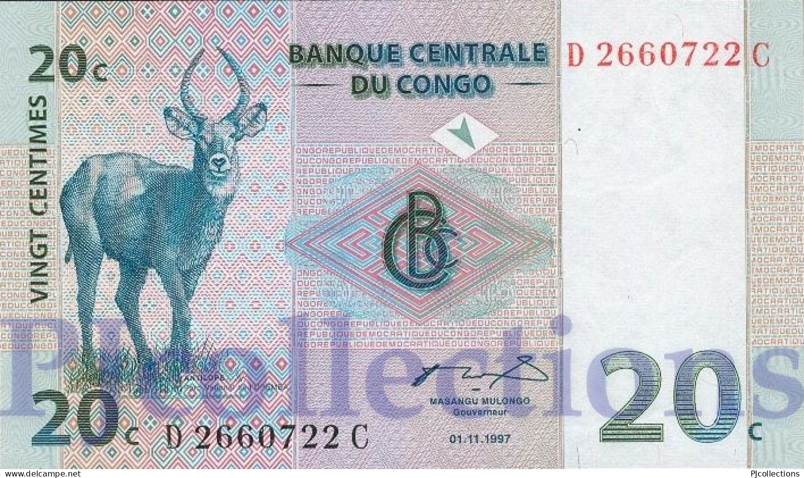 LOT CONGO DEMOCRATIC REPUBLIC 20 CENTIMES 1997 PICK 83a UNC X 5 PCS - République Démocratique Du Congo & Zaïre