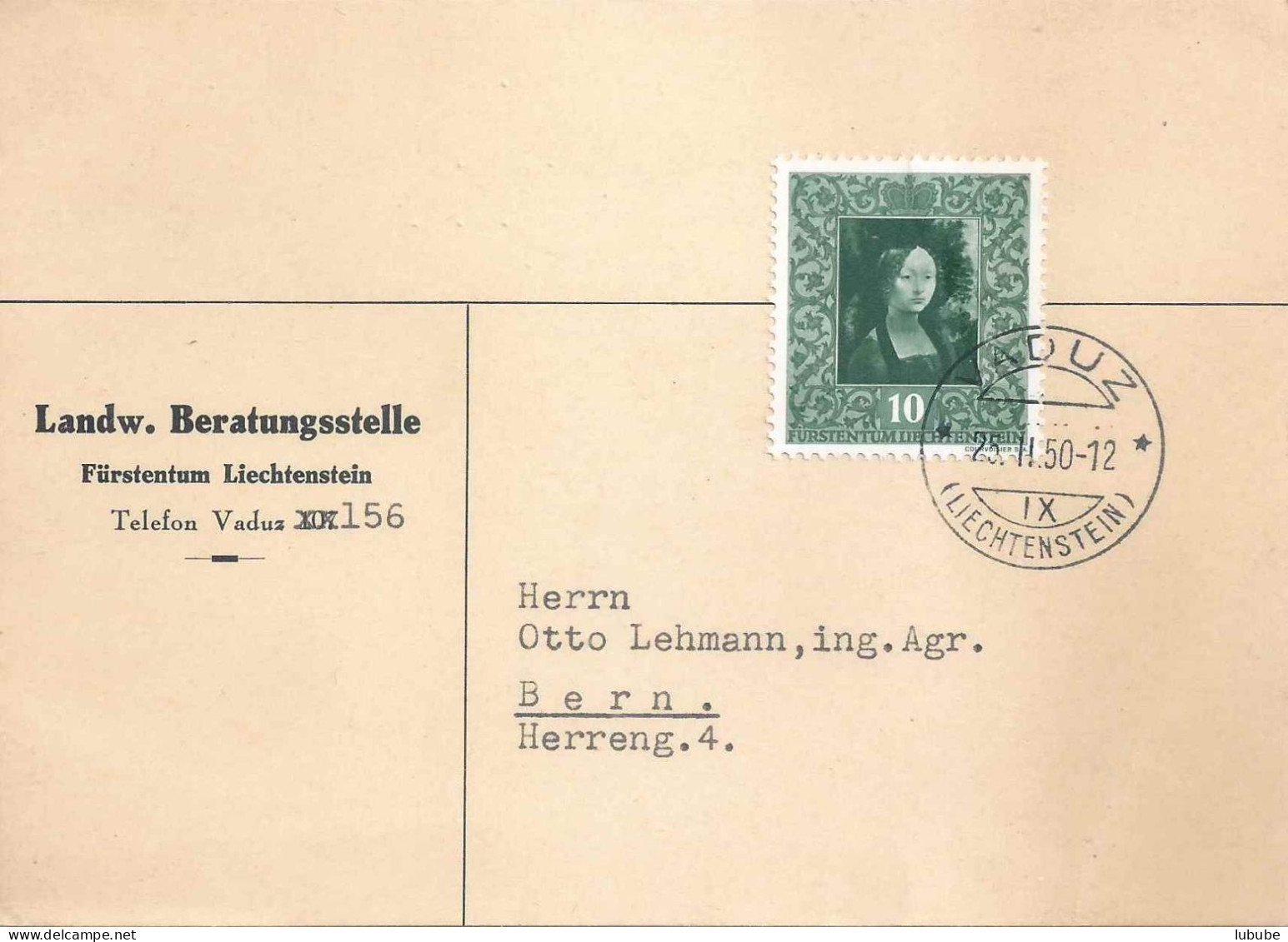 Motiv Karte  "Landw. Beratungsstelle Fürstentum Liechtenstein" - Bern         1950 - Lettres & Documents