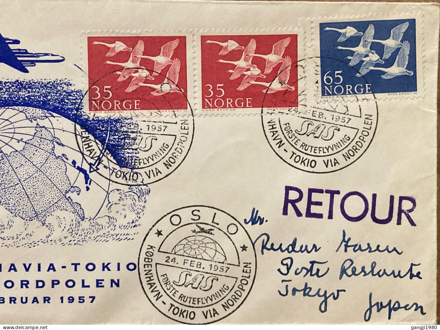 NORWAY 1957, FIRST FLIGHT COVER TO JAPAN, KOPEHAVEN -TO KYO VIA NORDPOLEN OSLO, TOKYO CITY CANCEL, ILLUSTRATE PLANE ON G - Covers & Documents