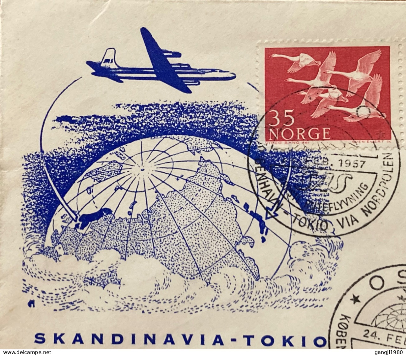 NORWAY 1957, FIRST FLIGHT COVER TO JAPAN, KOPEHAVEN -TO KYO VIA NORDPOLEN OSLO, TOKYO CITY CANCEL, ILLUSTRATE PLANE ON G - Lettres & Documents