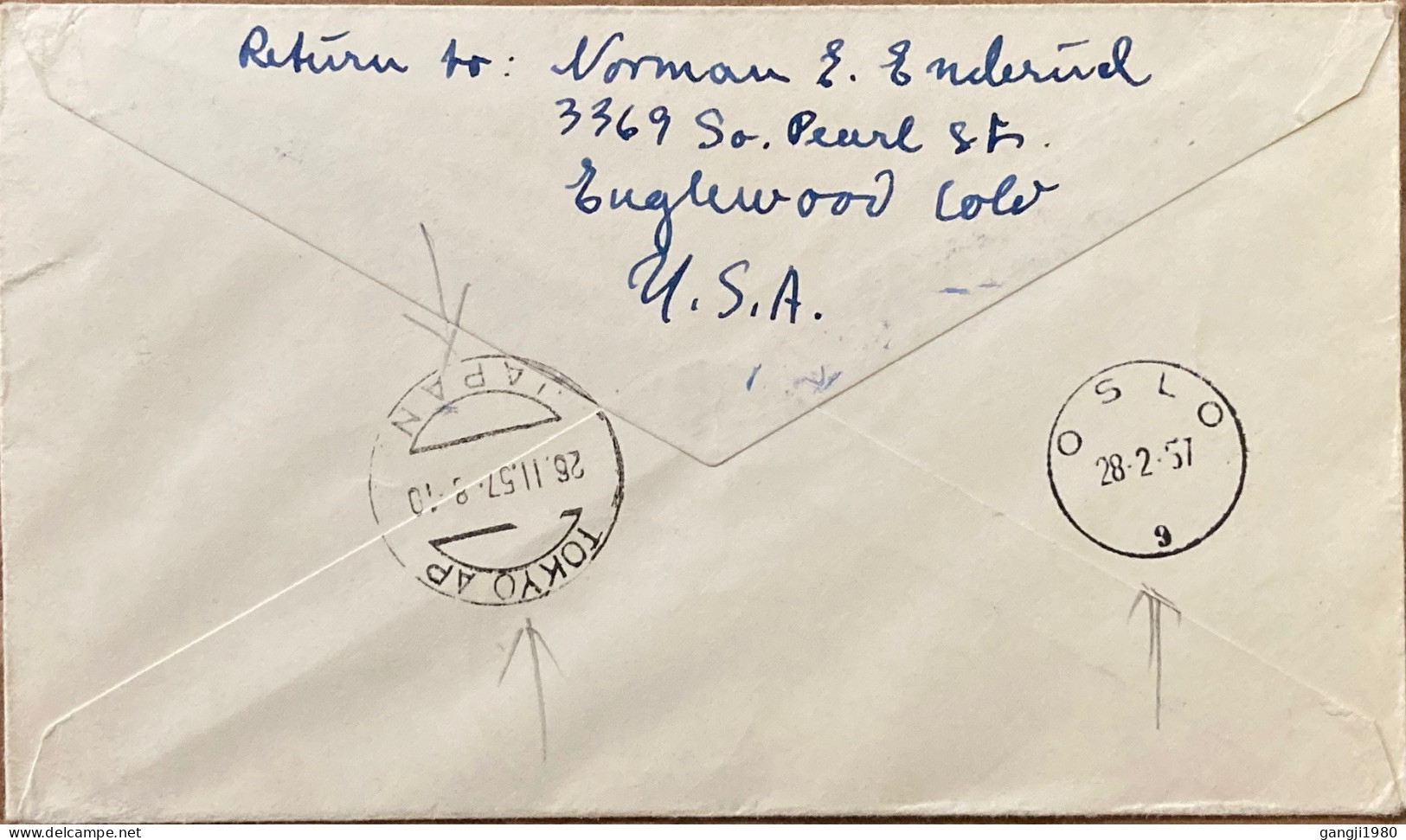 NORWAY 1957, FIRST FLIGHT COVER TO JAPAN, KOPEHAVEN -TO KYO VIA NORDPOLEN OSLO, TOKYO CITY CANCEL, ILLUSTRATE PLANE ON G - Cartas & Documentos