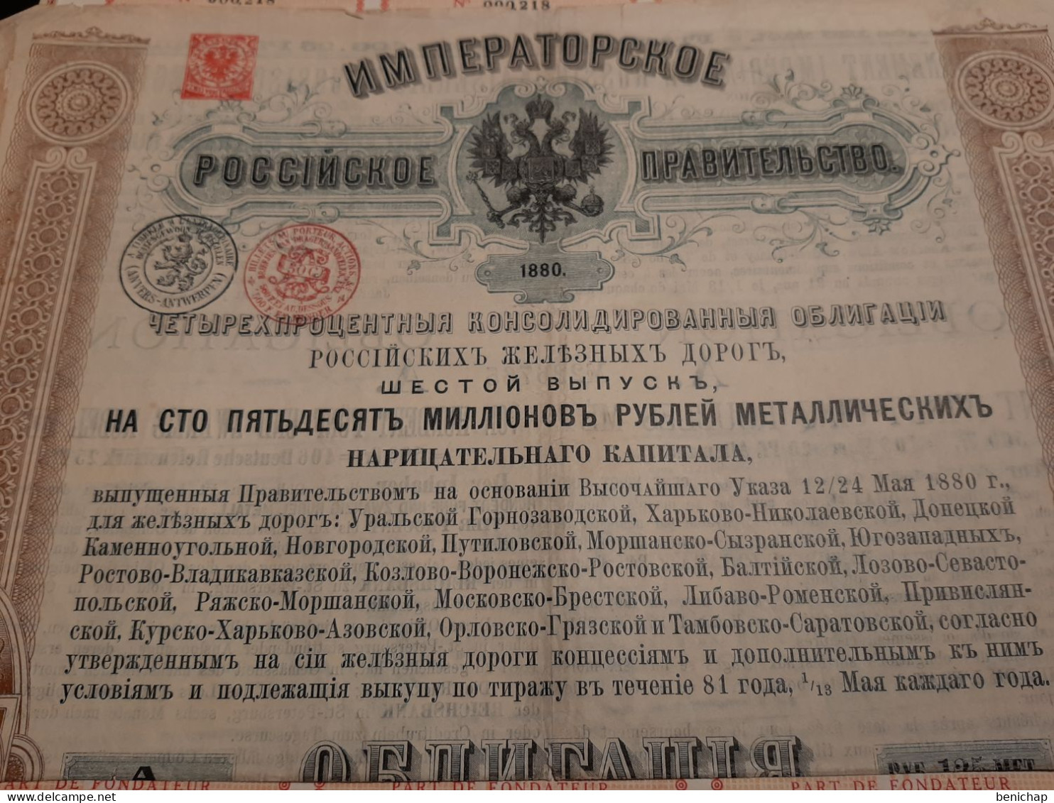 Gouvernement Impérial De Russie - Obligation De 125 Roubles 6ème Edition - Saint-Pétersbourg Le 12 Mai 1880. - Railway & Tramway