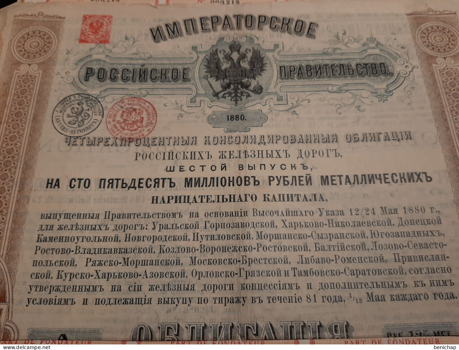 Gouvernement Impérial De Russie - Obligation De 125 Roubles 6ème Edition - Saint-Pétersbourg Le 12 Mai 1880. - Spoorwegen En Trams