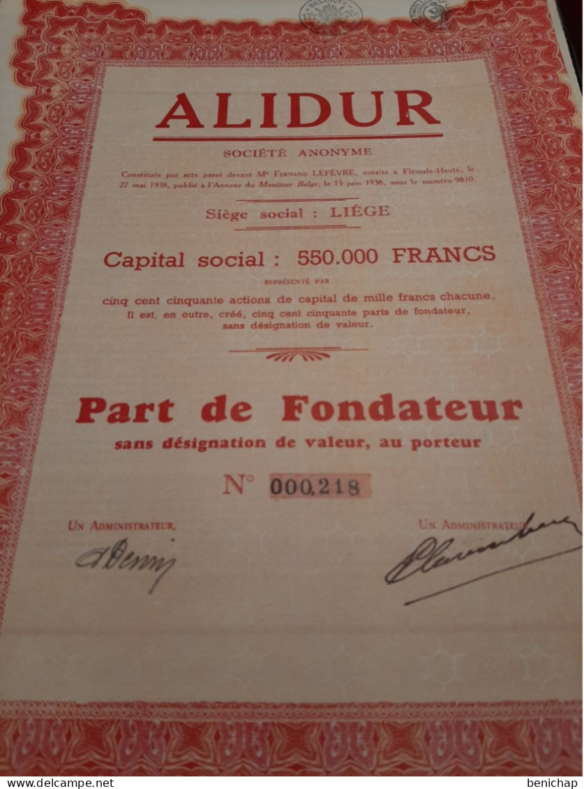 Alidur S.A. - Part De Fondateur Sans Désignation De Valeur Au Porteur - Liège 15 Juin 1938. - Industrie