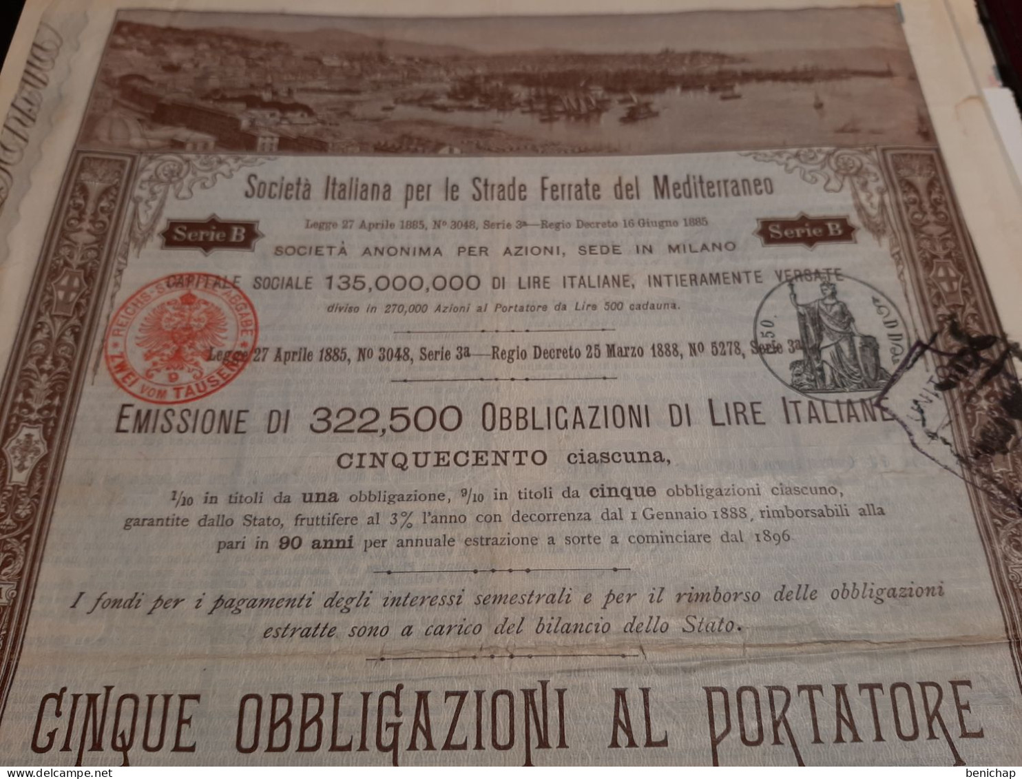 Soc Italiana Per Le Strade Ferrate Del Mediterraneo 5 Obbligazioni Al Portatore Di Lire Italiane Milano 1 Aprile 1888 - Spoorwegen En Trams