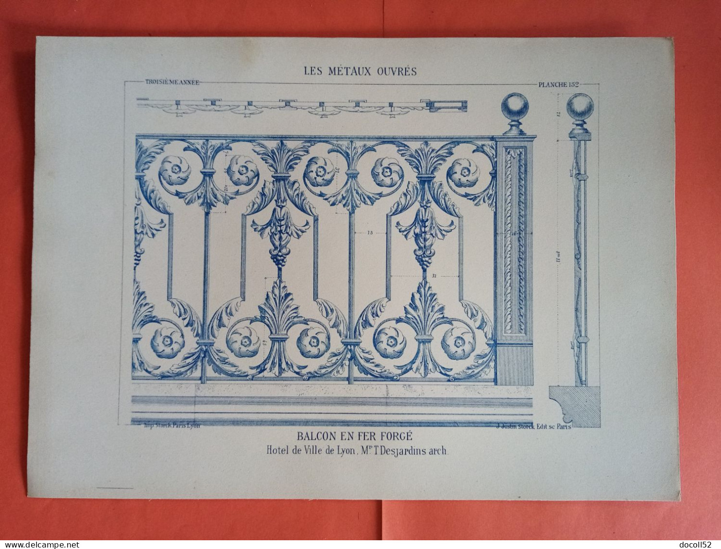 LES METAUX OUVRES 1884 LITHO FER FONTE CUIVRE ZINC " BALCON EN FER FORGE HOTEL DE VILLE DE LYON " 1 PLANCHE - Architecture