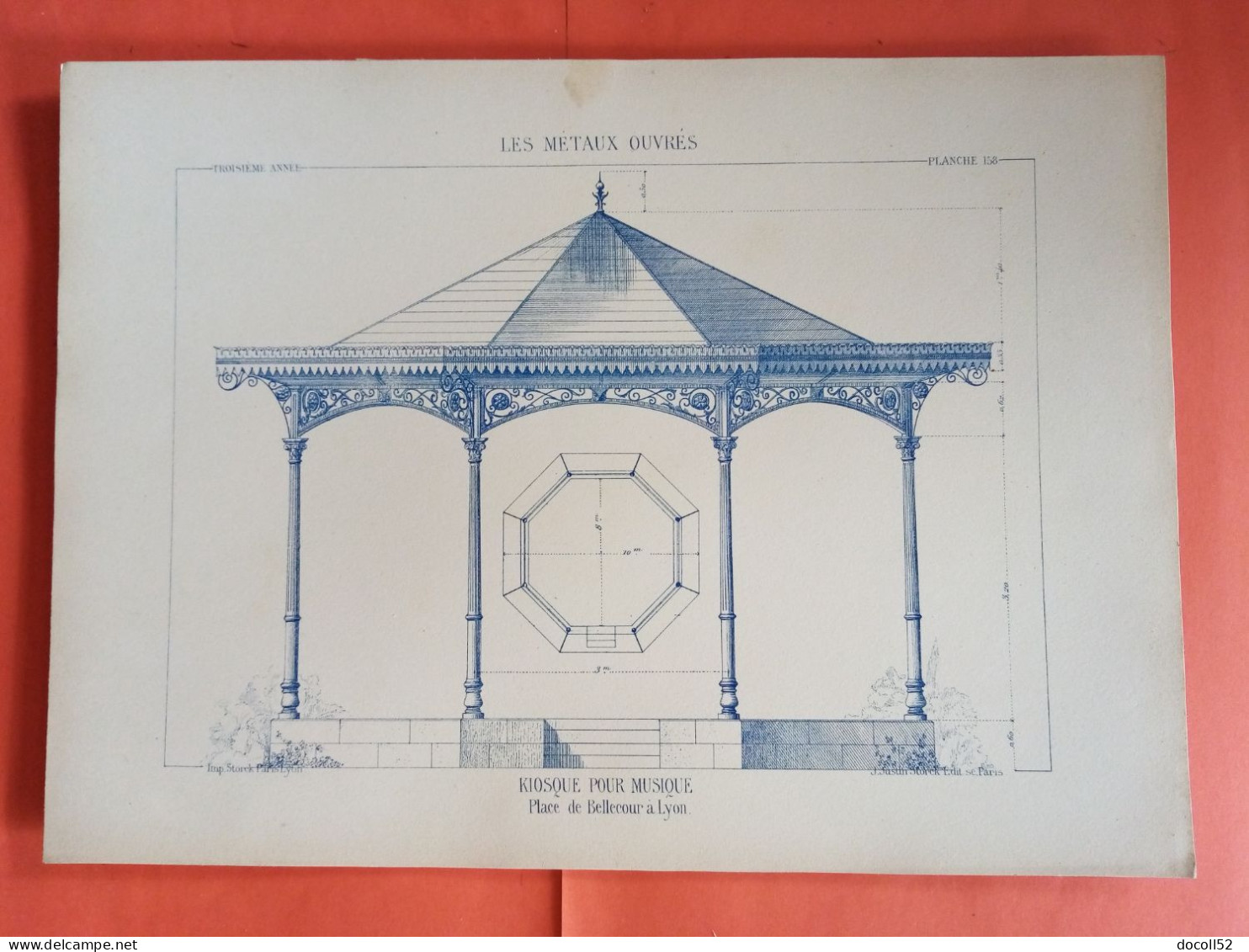 LES METAUX OUVRES 1884 LITHO FER FONTE CUIVRE ZINC " KIOSQUE POUR MUSIQUE PLACE DE BELLECOUR A LYON " 1 PLANCHE - Architecture