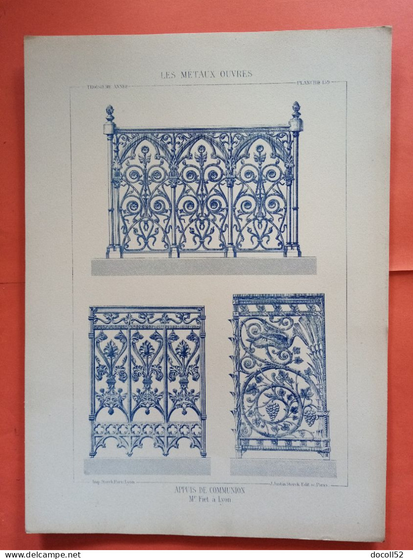 LES METAUX OUVRES 1884 LITHO FER FONTE CUIVRE ZINC " APPUIS DE COMMUNION Mr FIET A LYON " 1 PLANCHE - Architecture