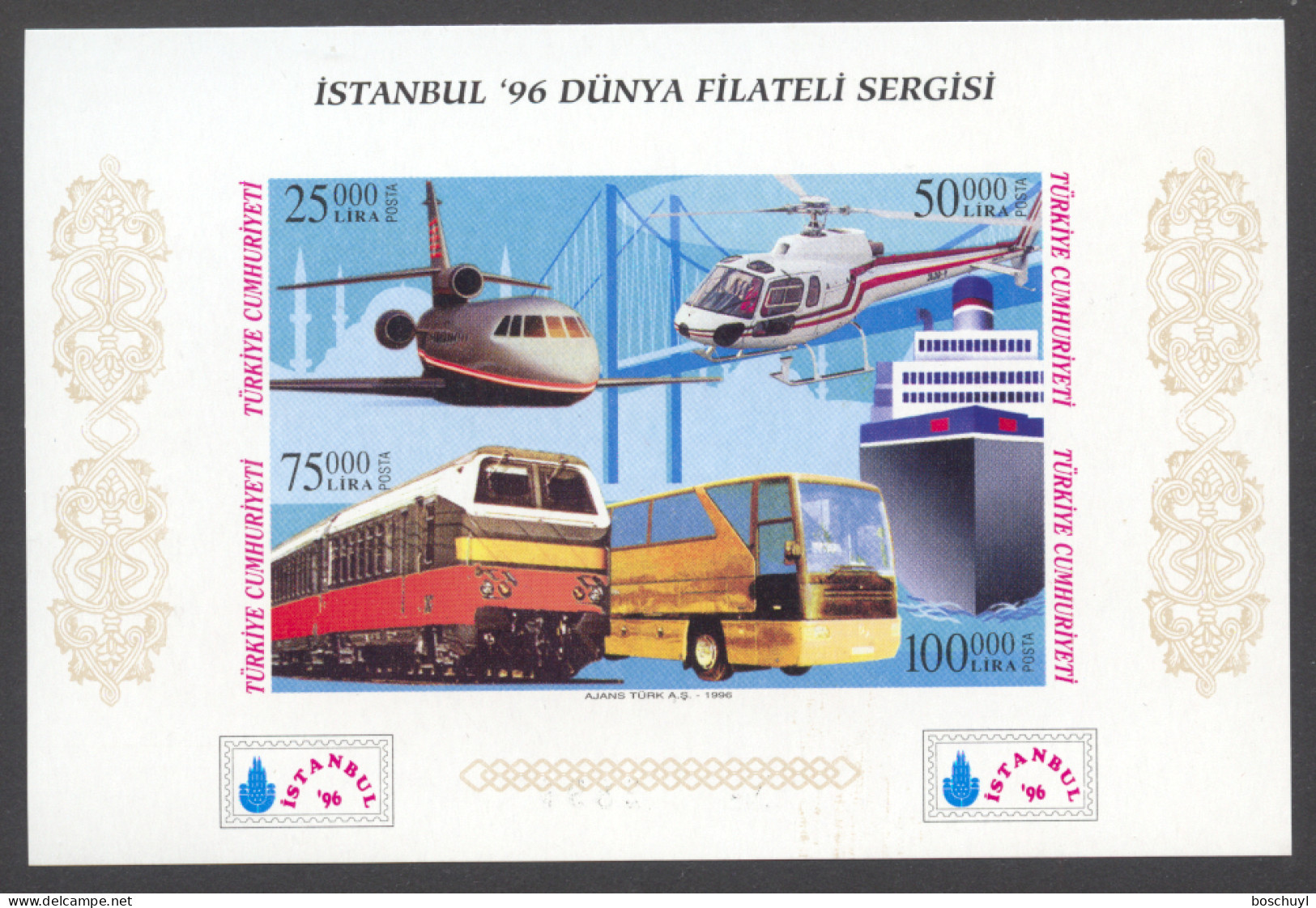 Turkey, 1996, Airplane, Helicopter, Train, Bus, Boat, Istanbul Exhibition, Black Imprint, MNH, Michel Block 32Bb - Ungebraucht