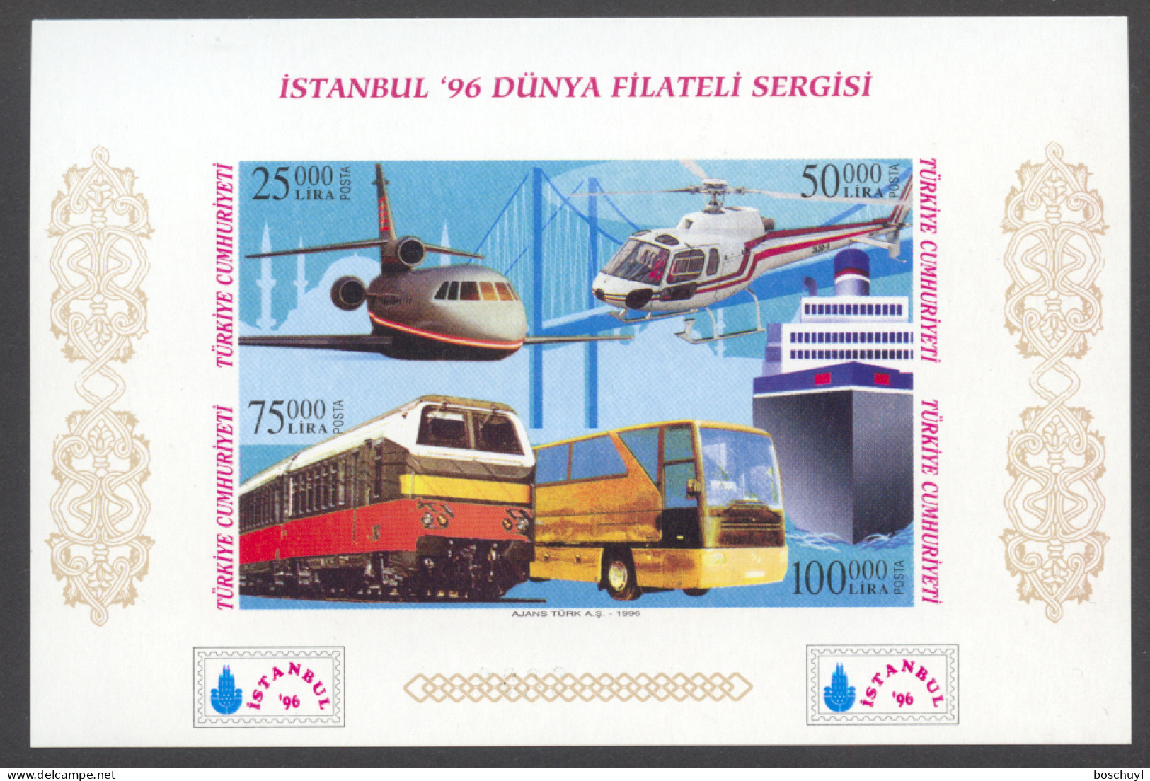 Turkey, 1996, Airplane, Helicopter, Train, Bus, Boat, Istanbul Exhibition, Red Imprint, MNH, Michel Block 32Ba - Ongebruikt