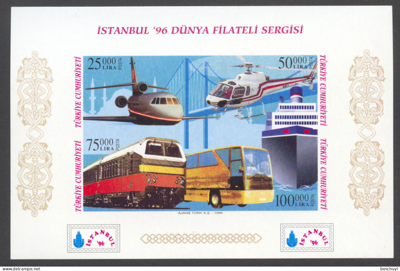 Turkey, 1996, Airplane, Helicopter, Train, Bus, Boat, Istanbul Exhibition, Red Imprint, MNH, Michel Block 32Ba - Ungebraucht