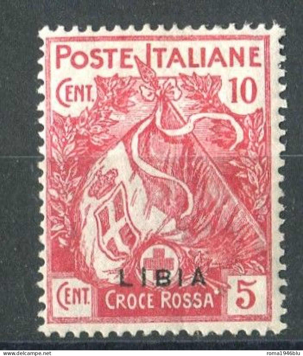 LIBIA 1915-16 CROCE ROSSA 10 C. + 5 C. SOPRASTAMPA FORTEMENTE SPOSTATA IN BASSO **  MNH - Libyen