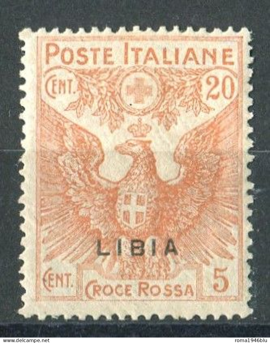 LIBIA 1915-16 CROCE ROSSA 20 C. + 5 C. SOPRASTAMPA FORTEMENTE SPOSTATA IN BASSO  **  MNH - Libyen