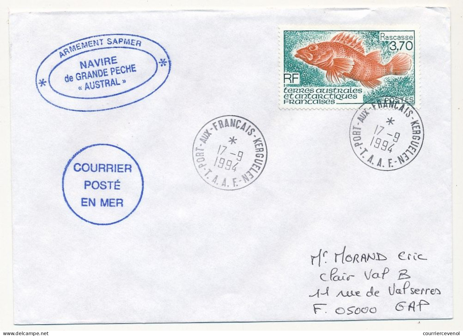 TAAF - Env. Aff 3,70 Rascasse, Obl Port Aux Français Kerguelen 17/9/1994 - Navire De Grande Pêche AUSTRAL Posté En Mer - Covers & Documents