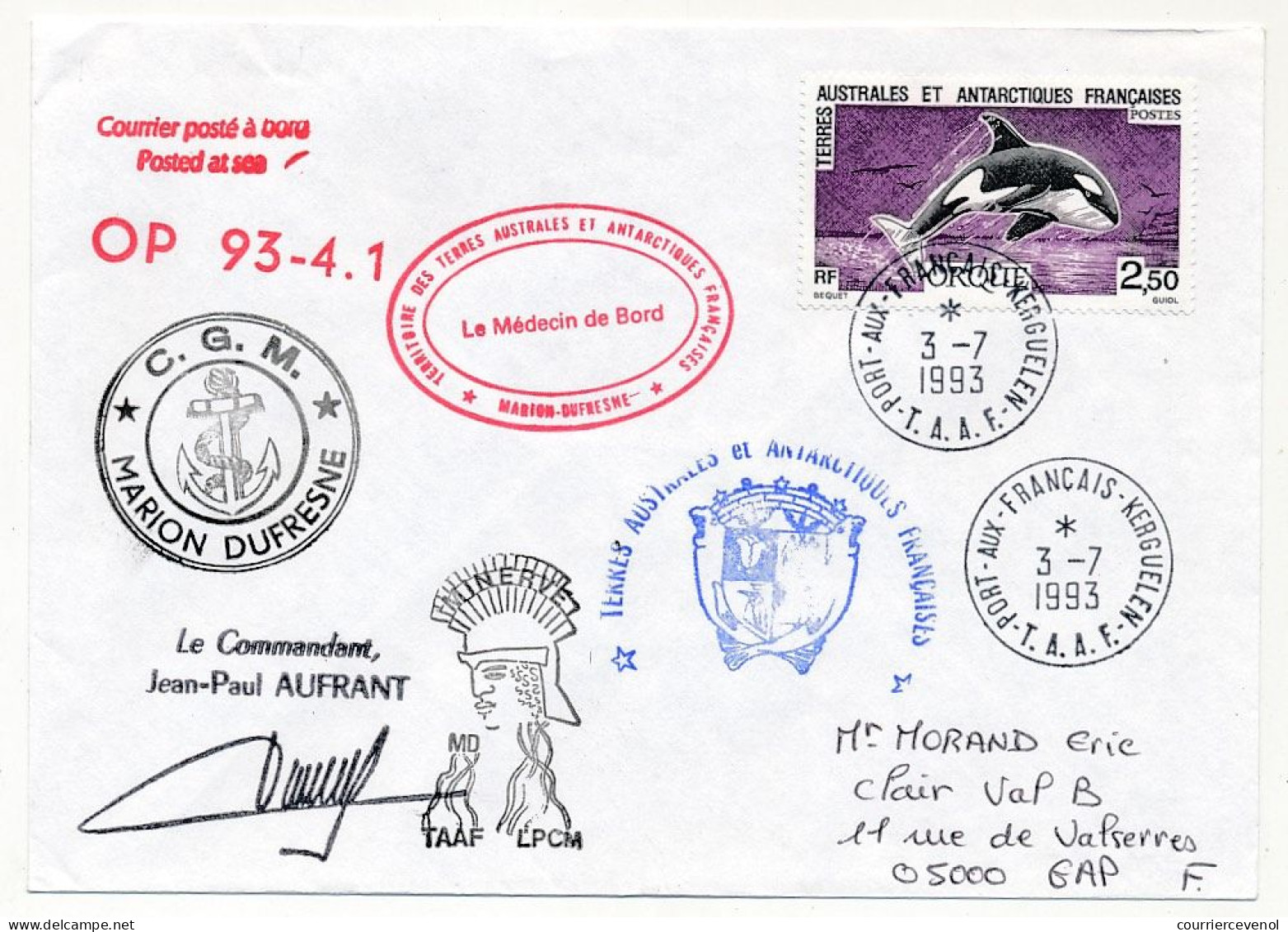 TAAF - Env. Aff 2,50 Orque, Obl Port Aux Français Kerguelen 3/7/1993 - Marion Dufresne / Minerve / Médeçin De Bord... - Lettres & Documents