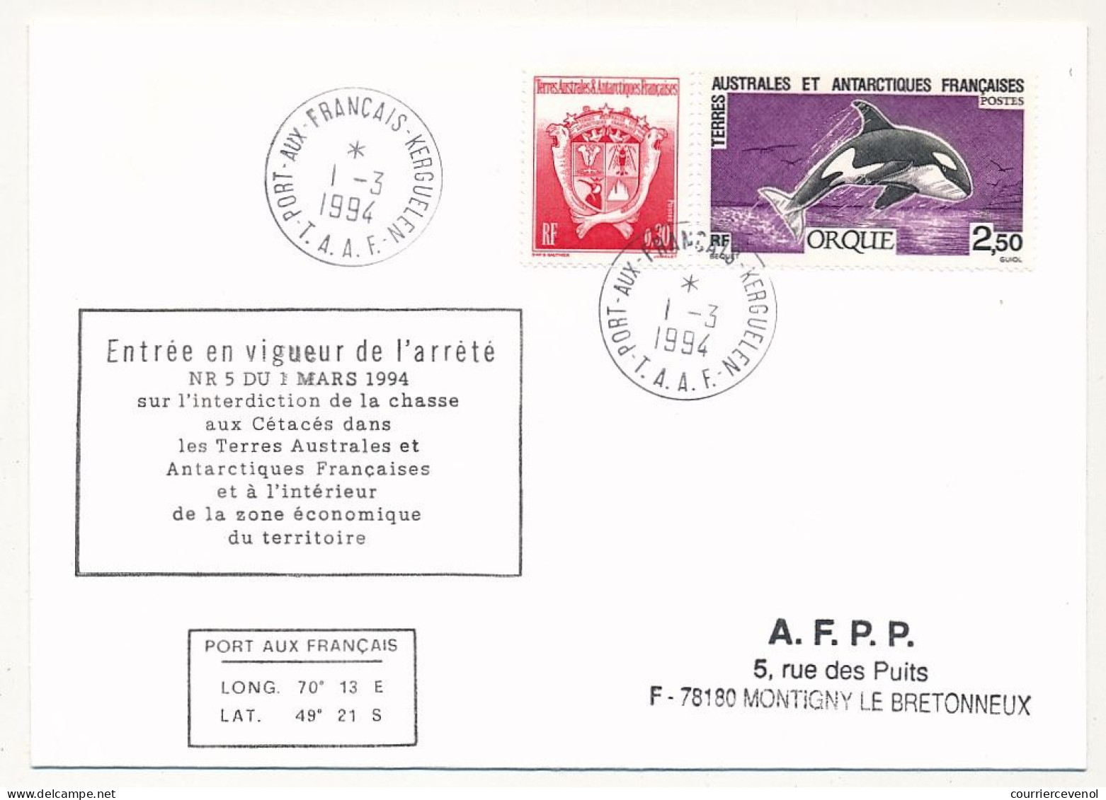 TAAF - Env. Aff 2,50 Orque, Obl Port Aux Français Kerguelen 1/3/1994 - Interdiction De La Chasse Aux Cétacés - Storia Postale