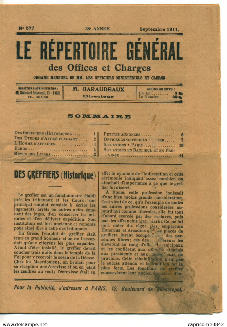 1911 - Le Répertoire Général Des Offices Et Charges - Organe Mensuel Des Officiers Ministériels Et Clercs - Decrees & Laws