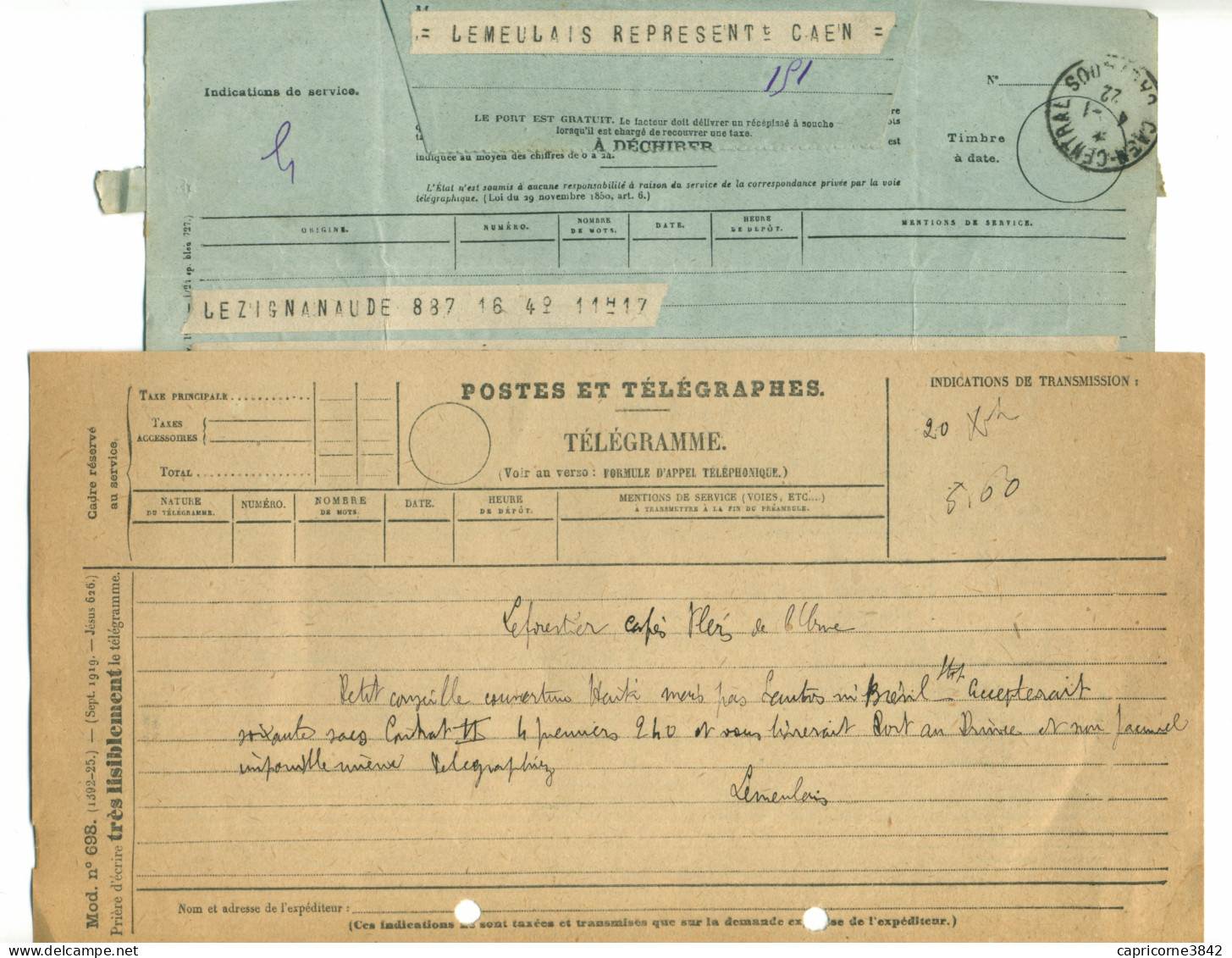 1922 - 2 Télégrammes - N° 701 De CAEN CENTRAL Et Mod 698 Pour Mr Leforestier De Flers De L'Orne - Telegramas Y Teléfonos