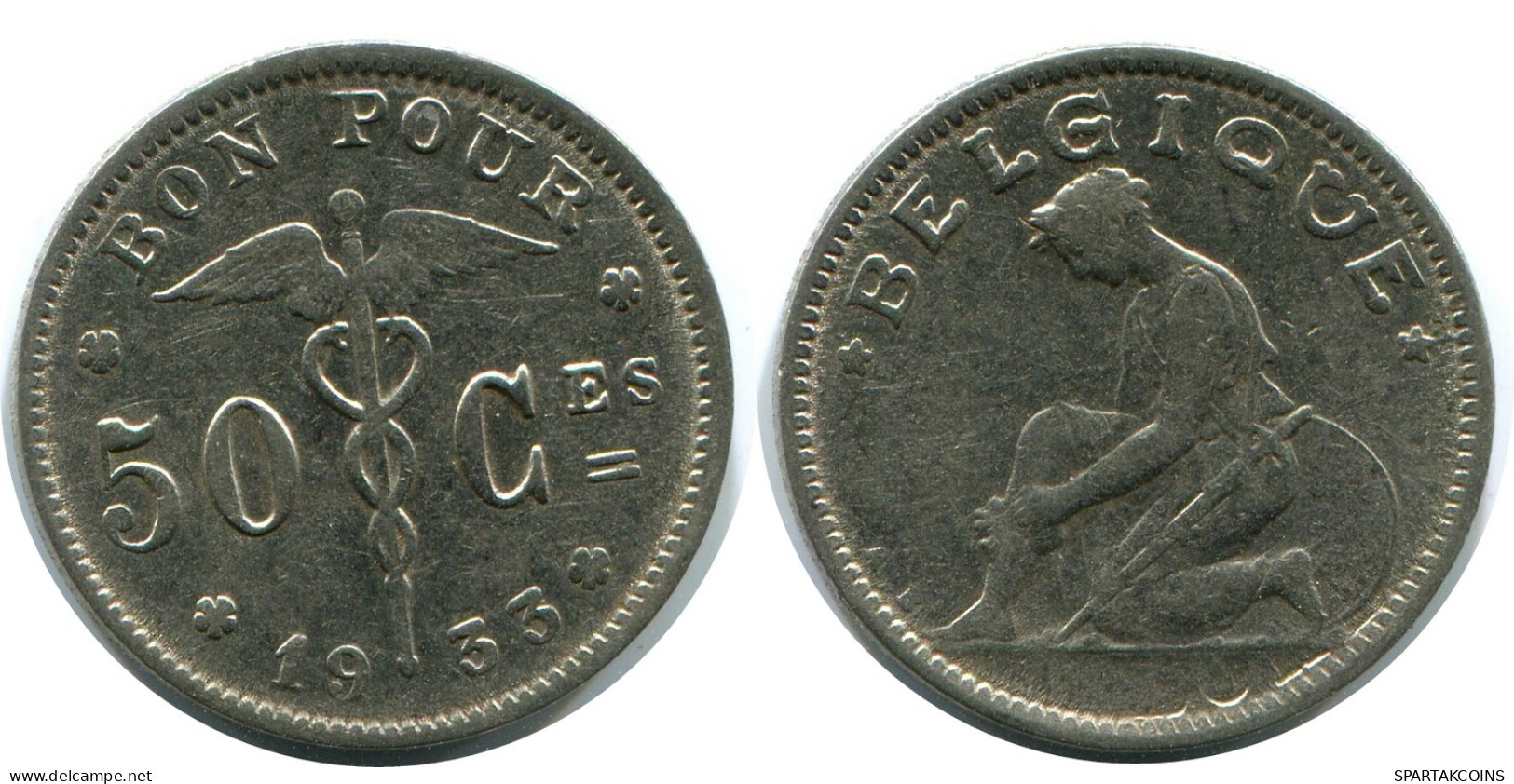 50 CENTIMES 1933 FRENCH Text BELGIUM Coin #AZ134.1.U - 50 Cents