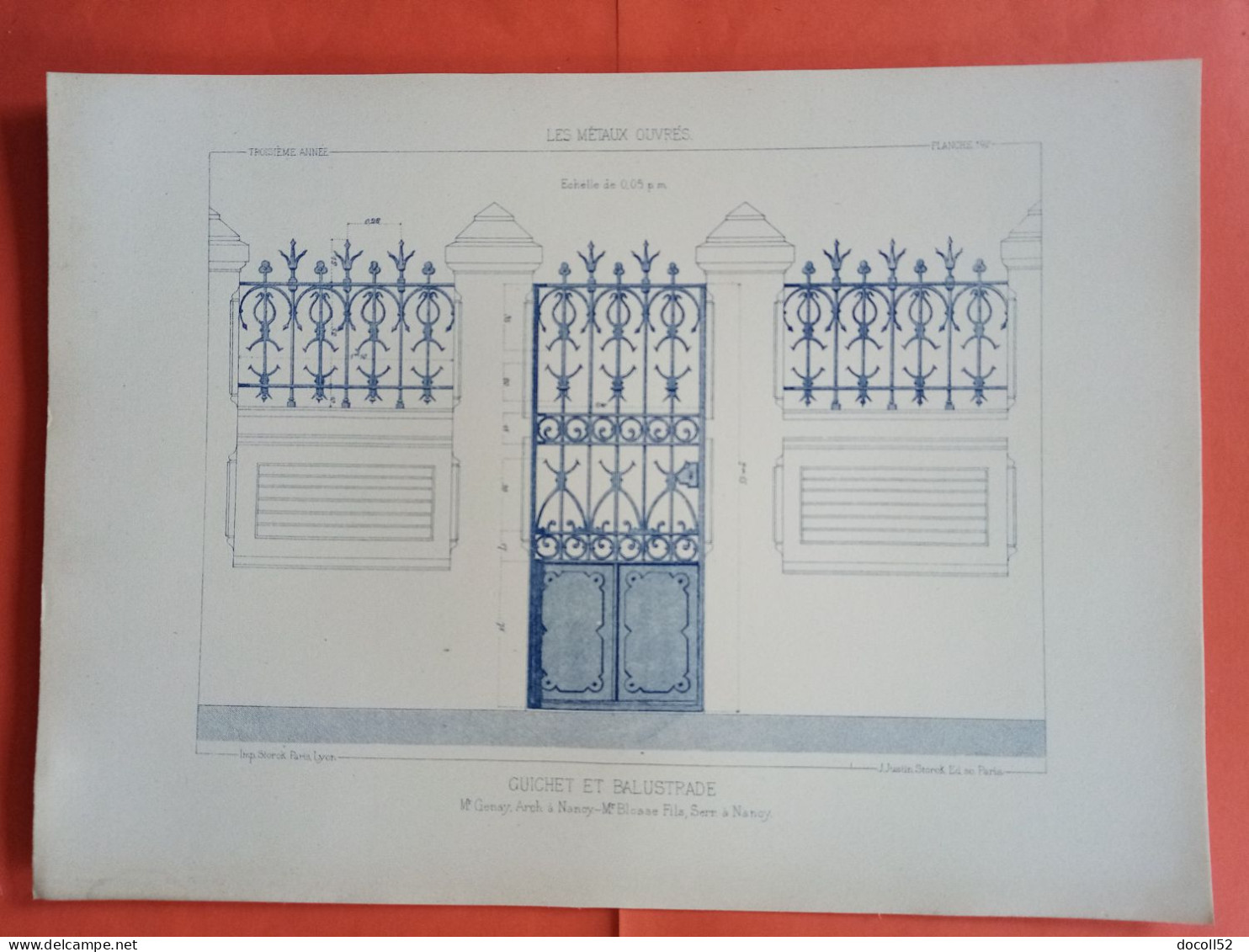 LES METAUX OUVRES 1884 LITHO FER FONTE CUIVRE ZINC " GUICHET ET BALUSTRADE M GENAY ARCHITECTE A NANCY " 1 PLANCHE - Architecture