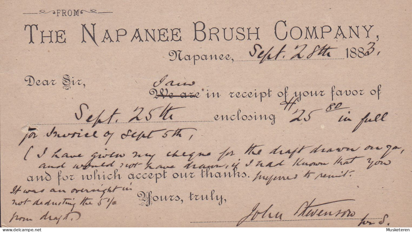 Canada Postal Stationery Ganzsache Entier Victoria PRIVATE Print THE NAPANEE BRUSH COMPANY, NAPANEE 1883 BROCKVILLE - 1860-1899 Reign Of Victoria