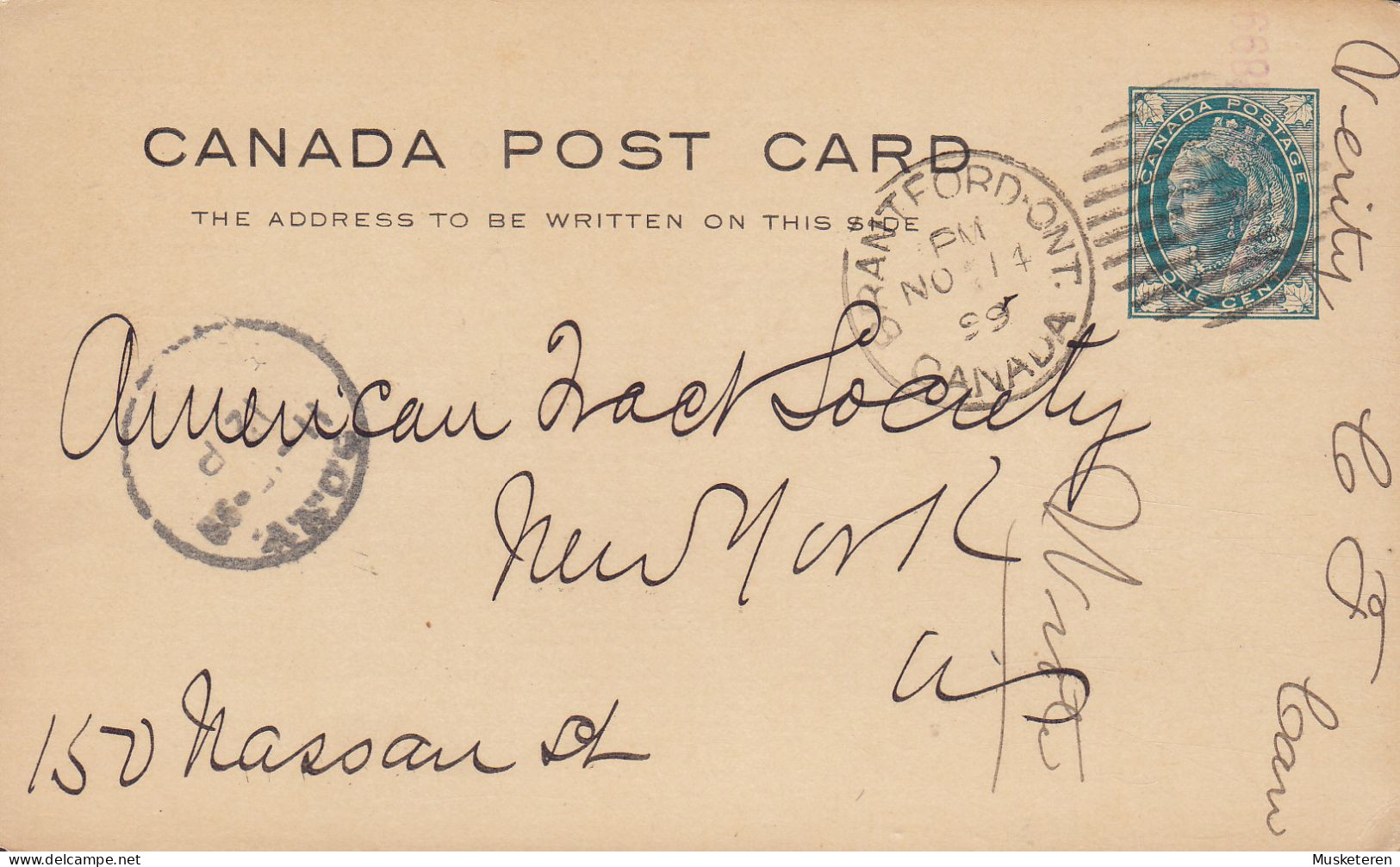 Canada Postal Stationery Ganzsache Entier Victoria PRIVATE Print VERITY PLOW CO, BRANTFORD 1899 NEW YORK (2 Scans) - 1860-1899 Règne De Victoria