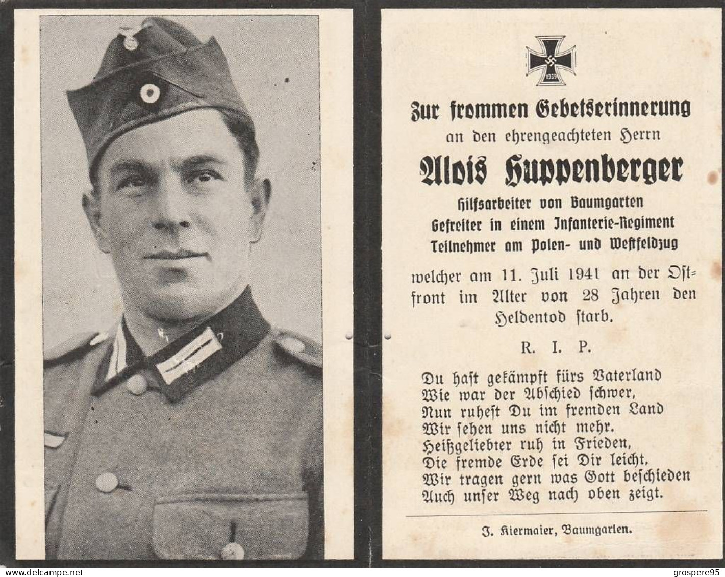 MILITAIRE ALLEMAND AVIS DE DECES 1941 - Obituary Notices