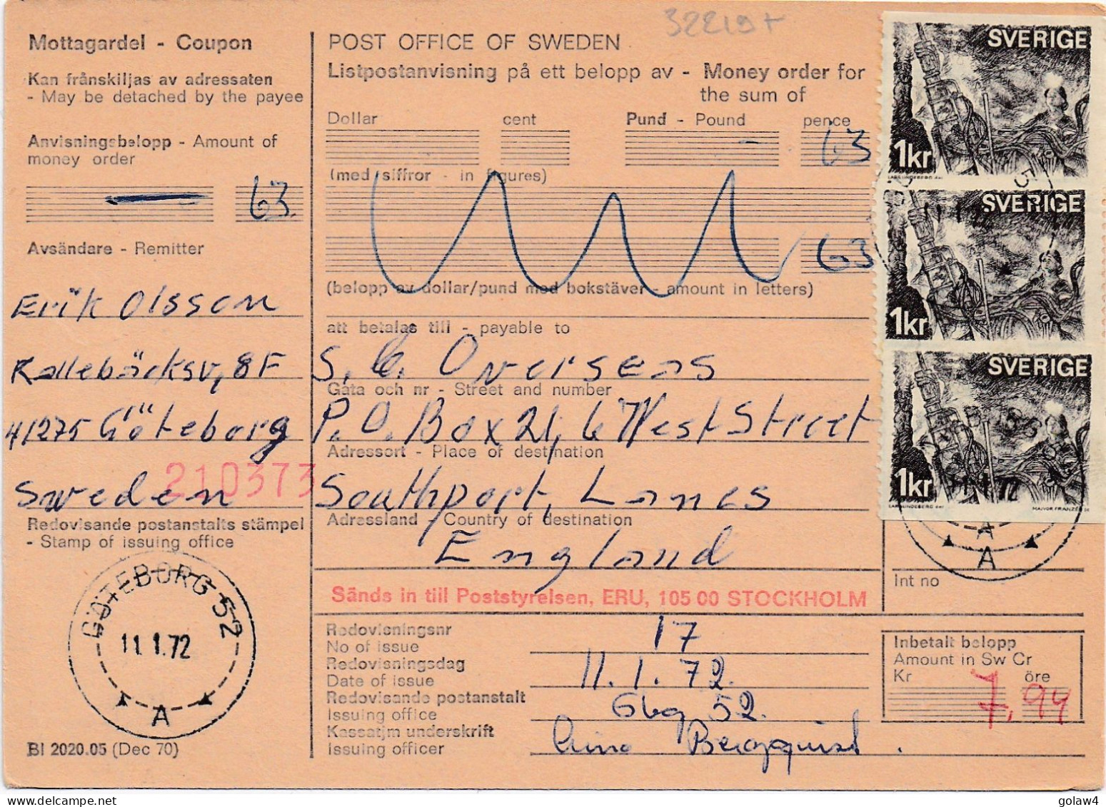32219# SUEDE MONEY ORDER LISTPOSTANVISNING GÖTEBORG 1972 ENGLAND SWEDEN SVERIGE - Cartas & Documentos