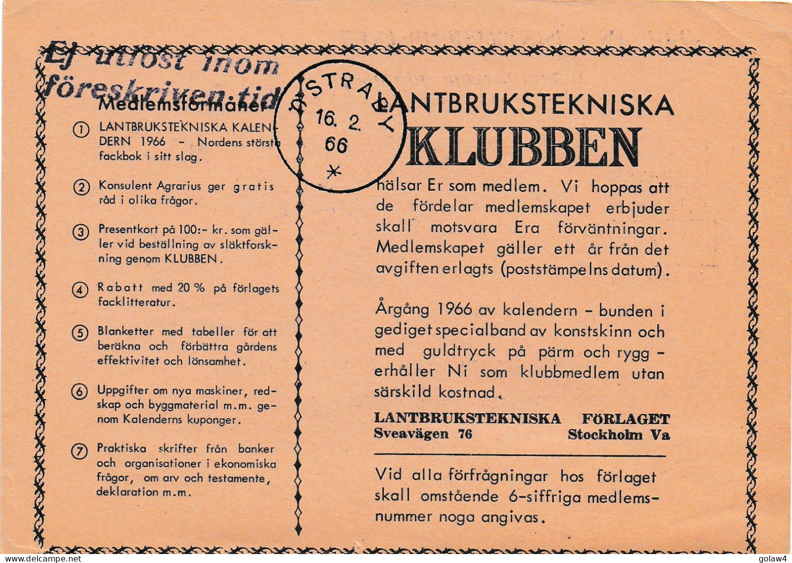 32222# SUEDE POSTFÖRSKOTT 1966 STOCKHOLM ÖSTRABY SWEDEN SVERIGE - Covers & Documents