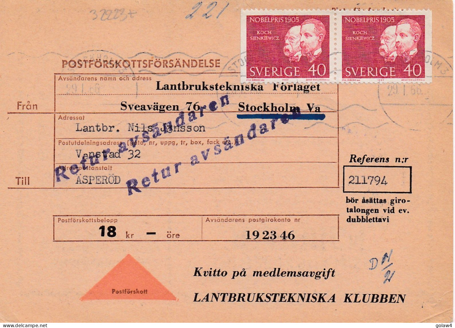 32223# SUEDE POSTFÖRSKOTT 1966 STOCKHOLM ÄSPERÖD SWEDEN SVERIGE - Briefe U. Dokumente