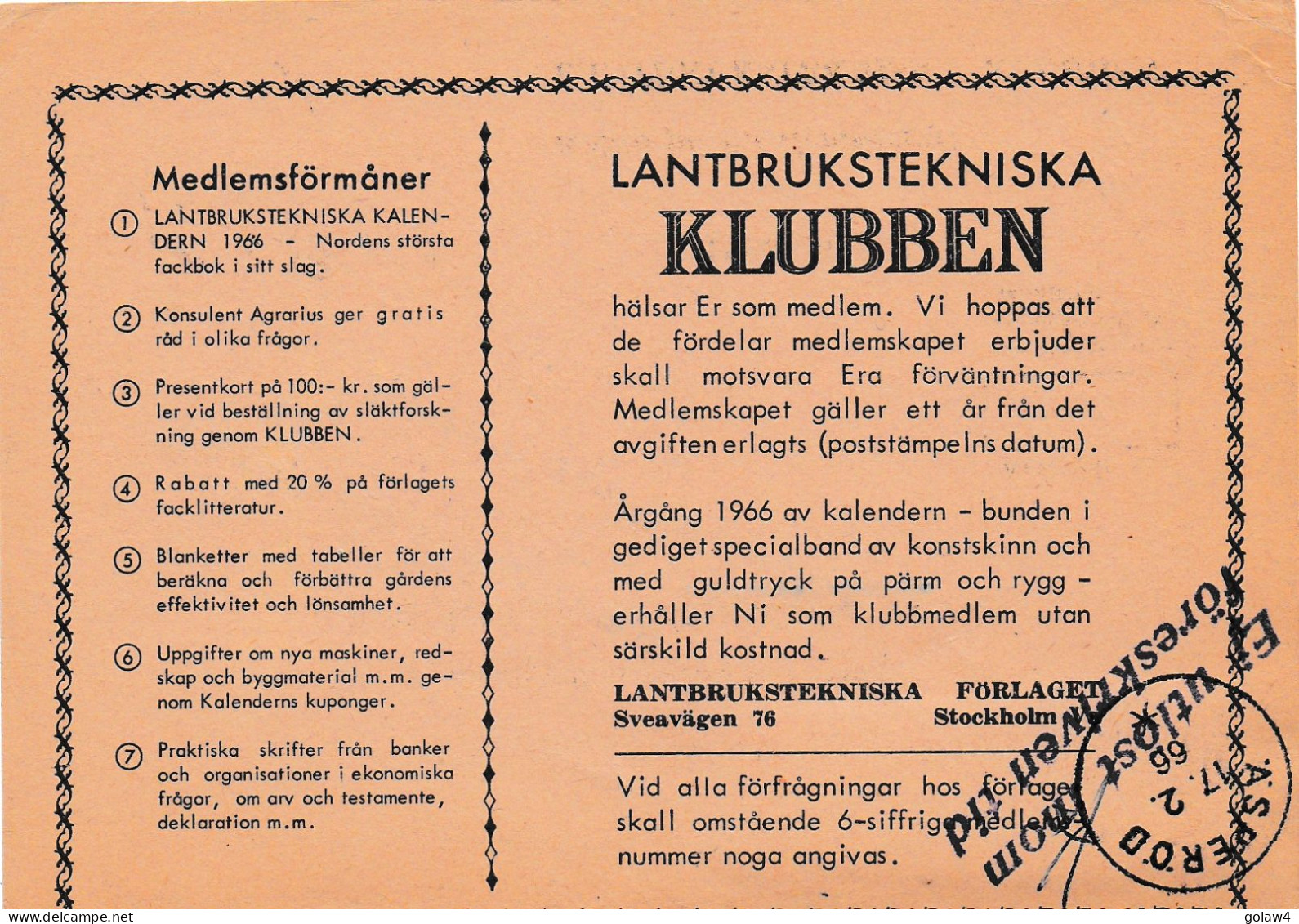 32223# SUEDE POSTFÖRSKOTT 1966 STOCKHOLM ÄSPERÖD SWEDEN SVERIGE - Covers & Documents