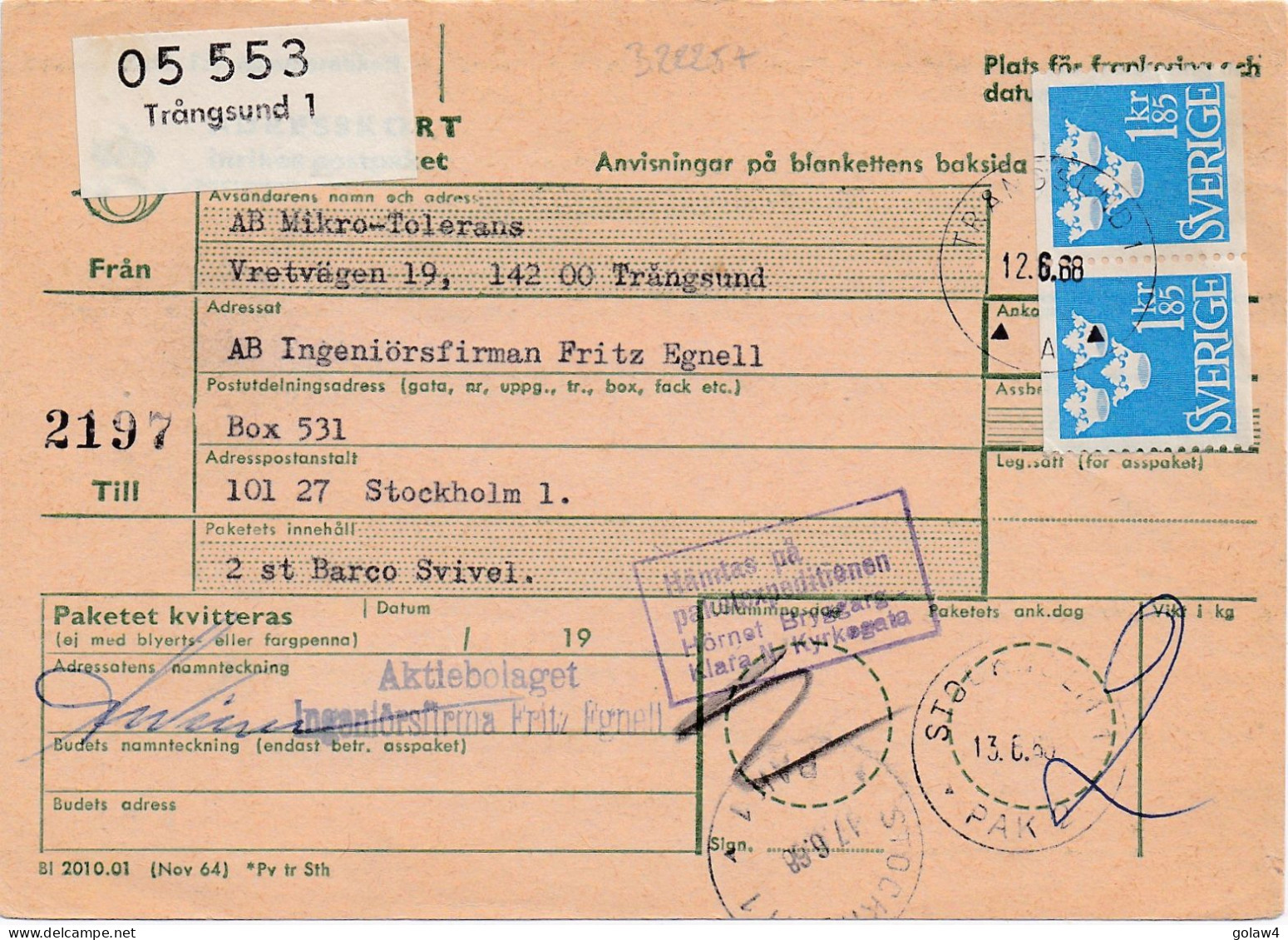 32225# SUEDE INRIKES POSTPAKET TRANGSUND 1968 STOCKHOLM SWEDEN SVERIGE - Brieven En Documenten