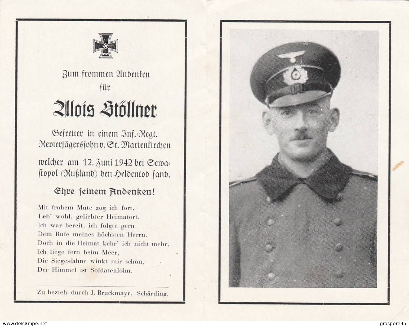 SOLDAT ALLEMAND AVIS DE DECES 1942 - Obituary Notices