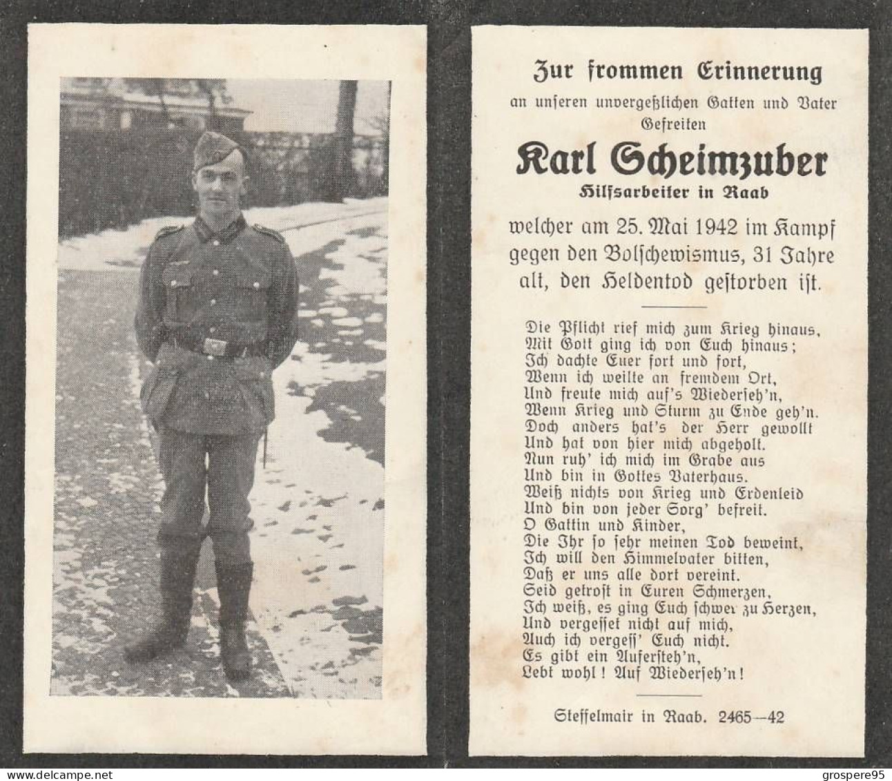 SOLDAT ALLEMAND AVIS DE DECES 1942 - Esquela